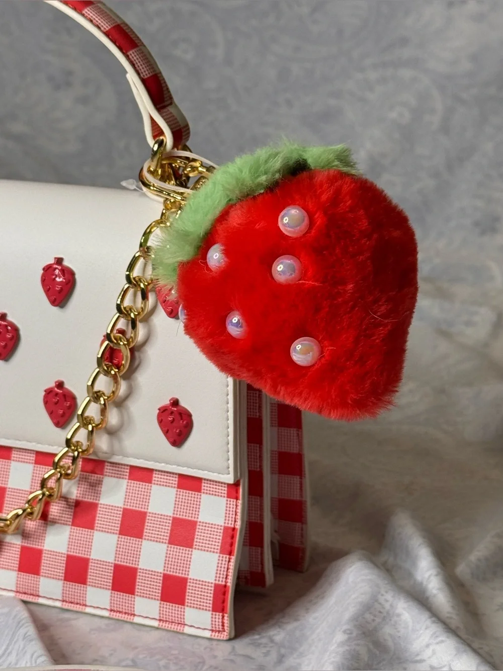 Betsey Johnson White/Red Gingham Strawberry -Handle w/ Removable Crossbody Strap